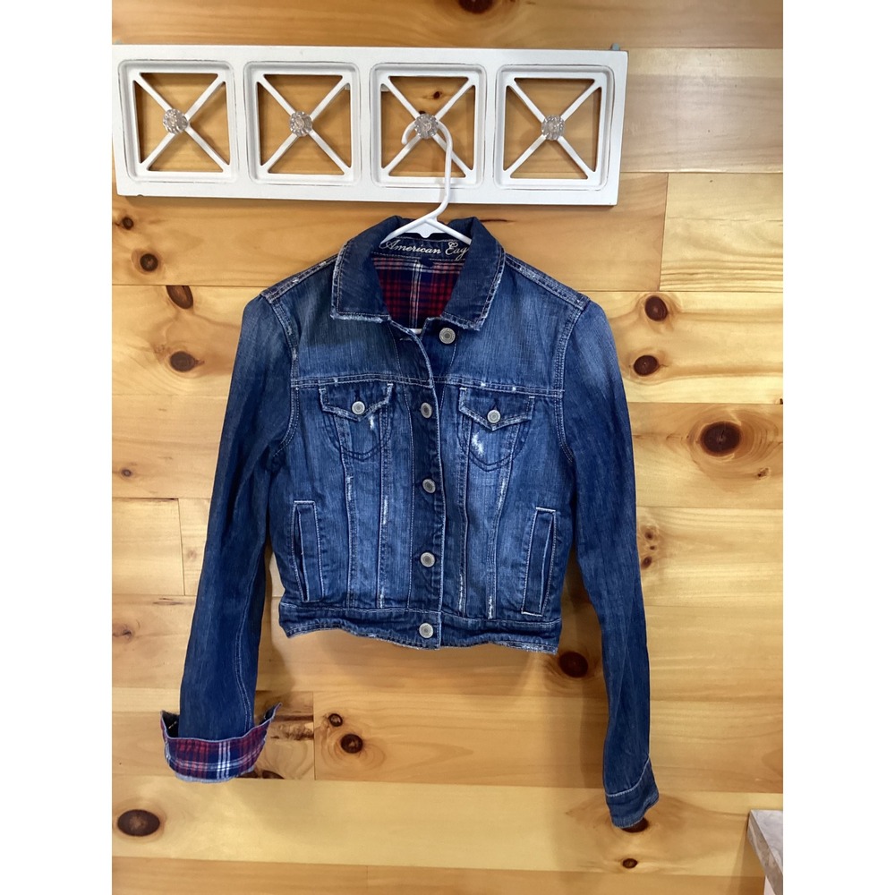 American Eagle Women Medium Wash Flannel Lined Distressed Denim Trucker Jacket S